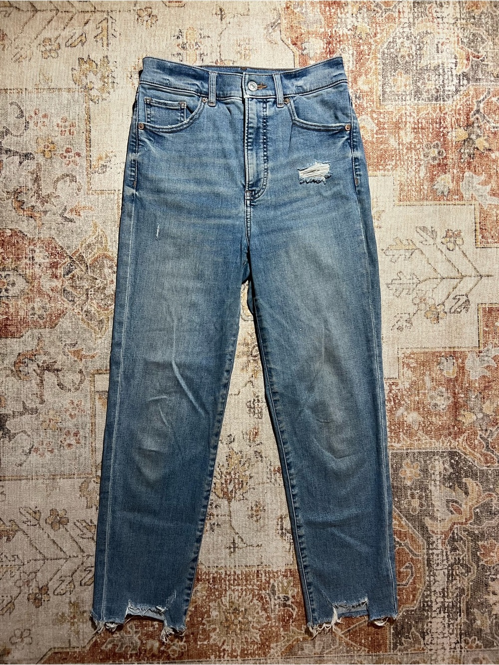 Express Mom Jeans with distressed patch and hem